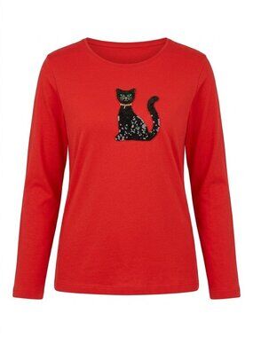 My Style Halloween Black Cat Sequin Top 2X Orange Long Sleeve Bling Relaxed